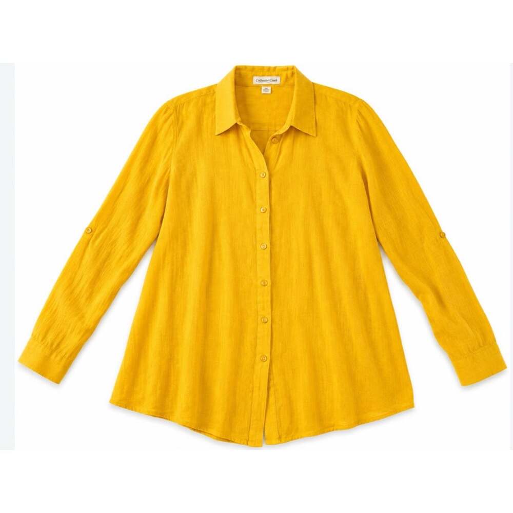 Coldwater Creek Mustard Yellow Linen Blend Button Down Blouse Women’s Size Large - Picture 2 of 2